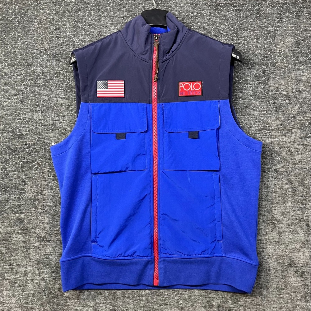 Polo Ralph Lauren Hi Tech Vest Mens Blue Flag Patch Colorblock Full Zip - Large